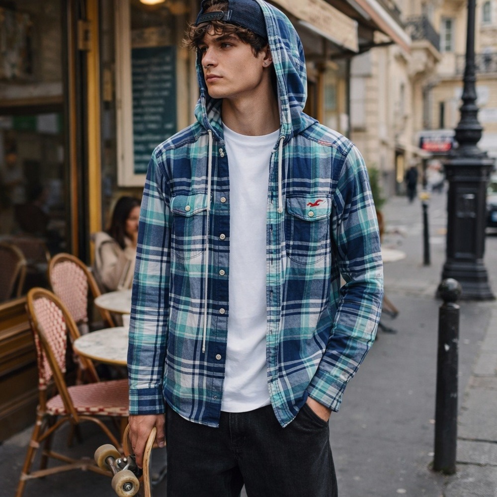 Hollister Mens Hooded Shirt Small Blue Plaid Y2K Skater Layer Grunge Outdoors
